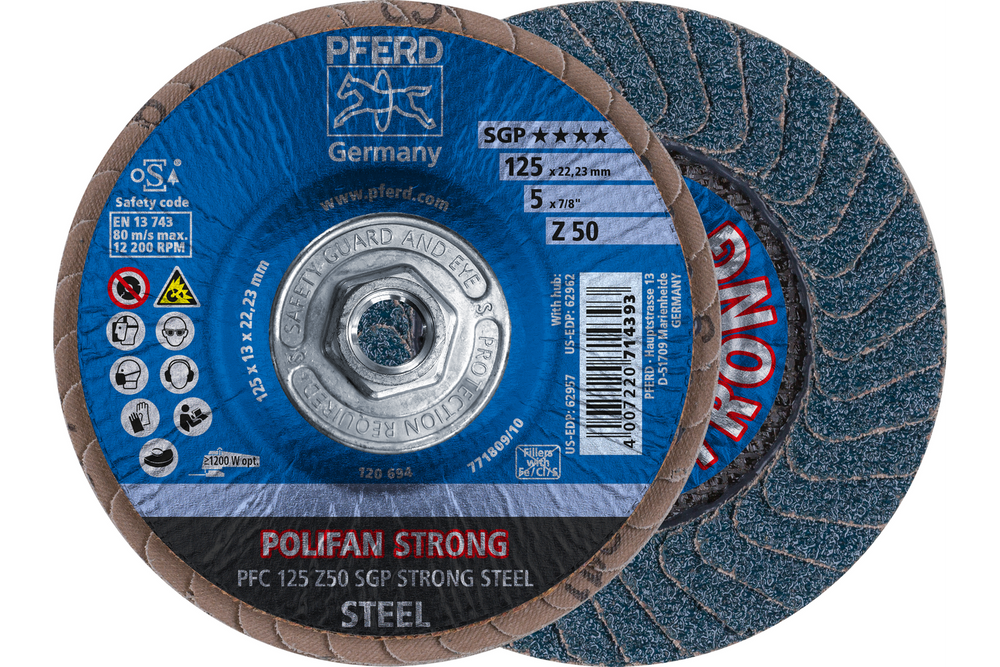 PFERD Flap Disc, 5" x 5/8-11, Z SGP STRONG STEEL, 50 Grit, T29, Conical, Zirconia
