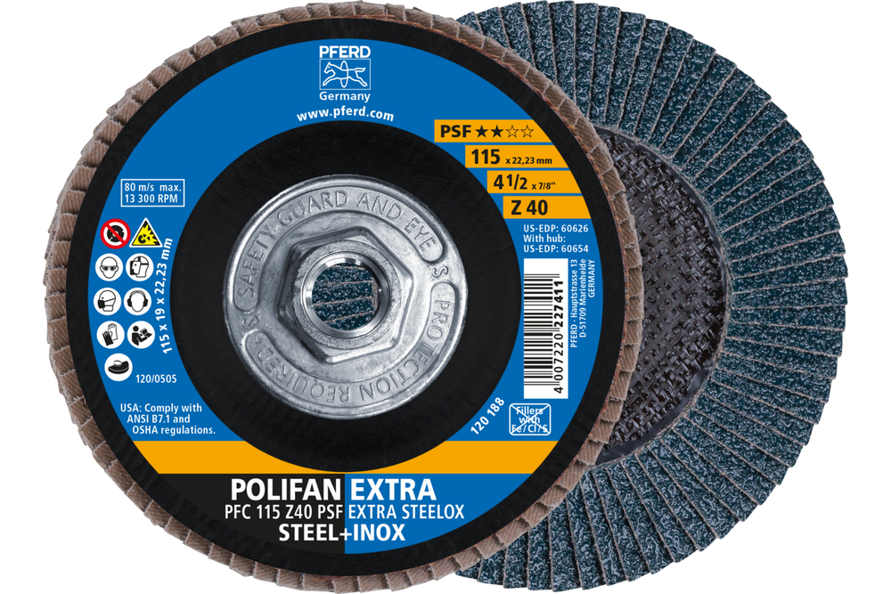 PFERD Flap Disc, 4-1/2" x 5/8-11, Z PSF EXTRA STEELOX, 40 Grit, T29, Conical, Zirconia