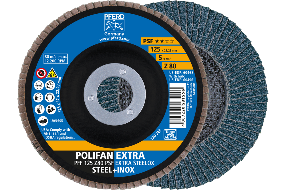 PFERD Flap Disc, 5" x 7/8, Z PSF EXTRA STEELOX, 80 Grit, T27, Flat, Zirconia