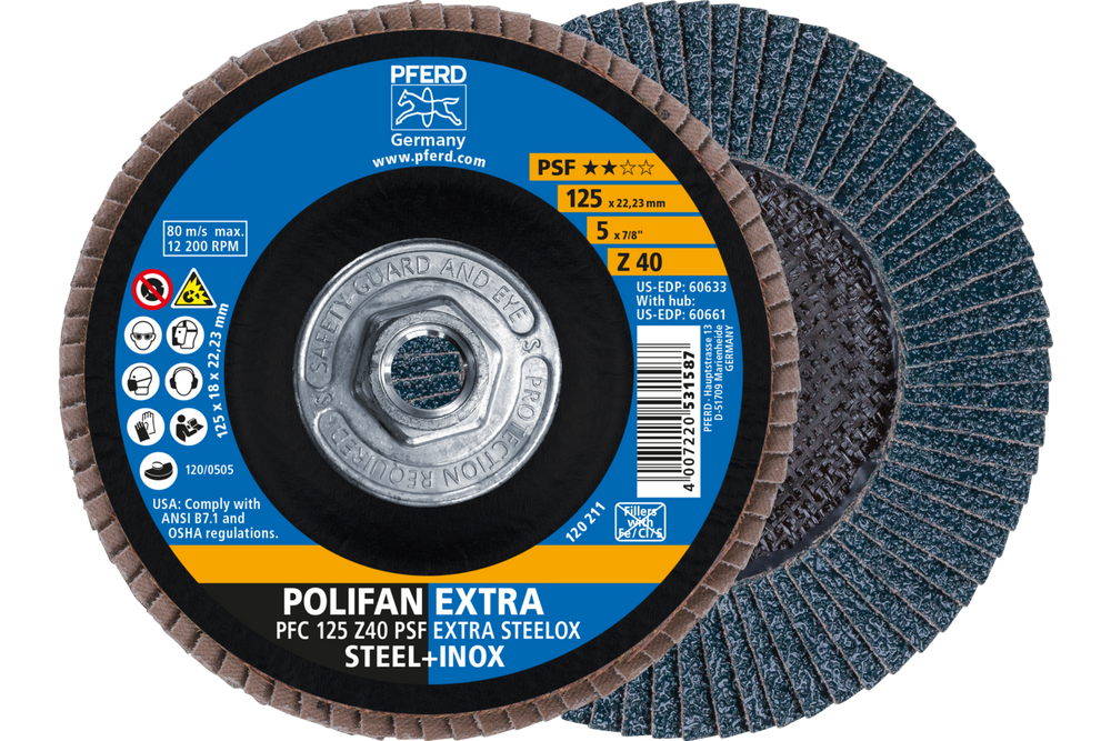 PFERD Flap Disc, 5" x 5/8-11, Z PSF EXTRA STEELOX, 40 Grit, T29, Conical, Zirconia
