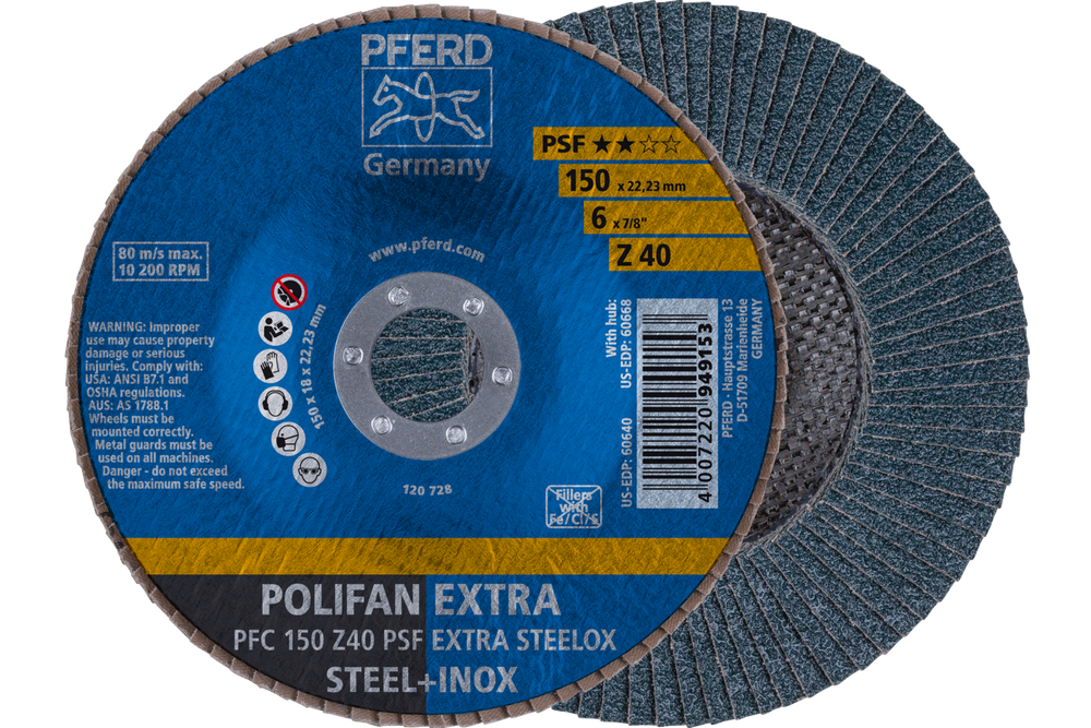 PFERD Flap Disc, 6" x 7/8, Z PSF EXTRA STEELOX, 40 Grit, T29, Conical, Zirconia