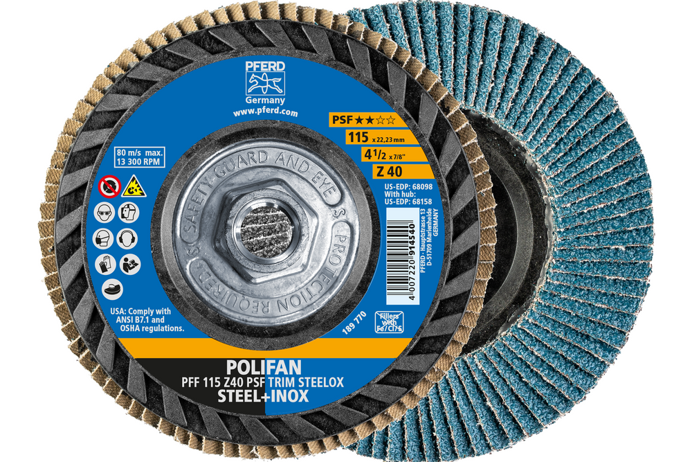 PFERD Flap Disc, 4-1/2" x 5/8-11, Z PSF TRIM STEELOX, 40 Grit, T27, Flat, Zirconia