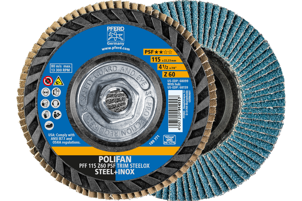 PFERD Flap Disc, 4-1/2" x 5/8-11, Z PSF TRIM STEELOX, 60 Grit, T27, Flat, Zirconia