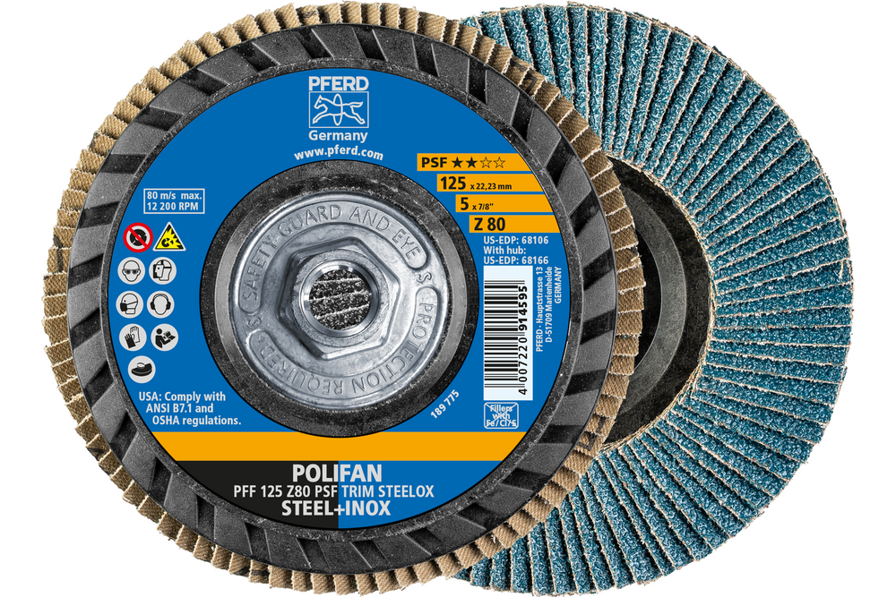 PFERD Flap Disc, 5" x 5/8-11, Z PSF TRIM STEELOX, 80 Grit, T27, Flat, Zirconia