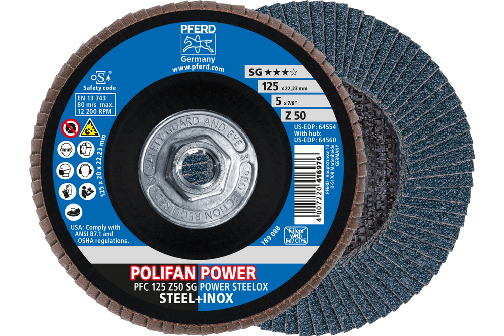 PFERD Flap Disc, 5" x 5/8-11, Z SG POWER STEELOX, 50 Grit, T29, Conical, Zirconia