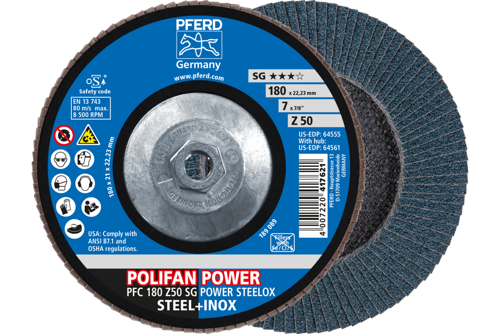 PFERD Flap Disc, 7" x 5/8-11, Z SG POWER STEELOX, 50 Grit, T29, Conical, Zirconia