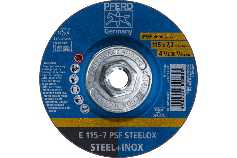 PFERD Grinding Wheel, 4-1/2" x 1/4 x 5/8-11, PSF STEELOX, T27, Aluminum oxide