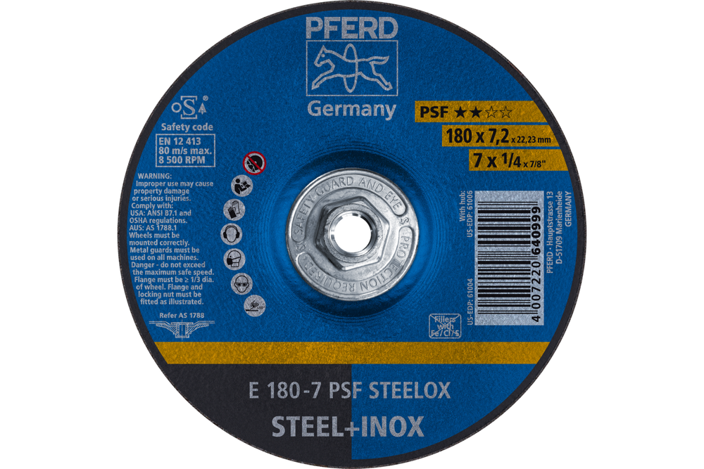 PFERD Grinding Wheel, 7" x 1/4 x 5/8-11, PSF STEELOX, T27, Aluminum oxide