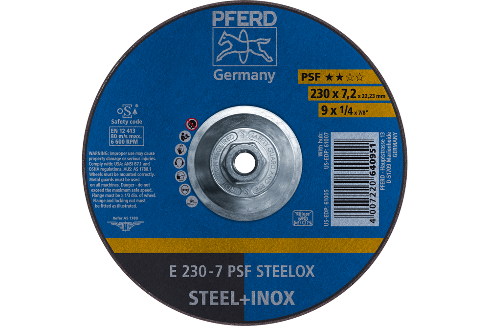 PFERD Grinding Wheel, 9" x 1/4 x 5/8-11, PSF STEELOX, T27, Aluminum oxide