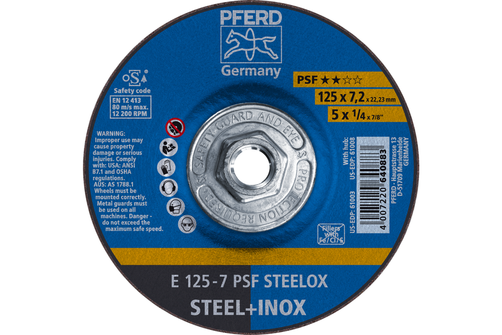 PFERD Grinding Wheel, 5" x 1/4 x 5/8-11, PSF STEELOX, T27, Aluminum oxide