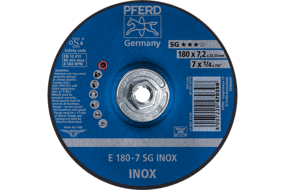 PFERD Grinding Wheel, 7" x 1/4 x 5/8-11, SG INOX, T27, Aluminum oxide