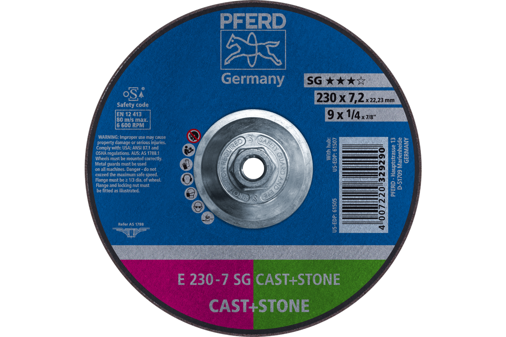 PFERD Grinding Wheel, 9" x 1/4 x 5/8-11, SG CAST+STONE, T27, AO, SiC
