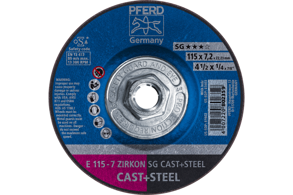 PFERD Grinding Wheel, 4-1/2" x 1/4 x 5/8-11, ZIRCON SG CAST+STEEL, T27, ZA, AO