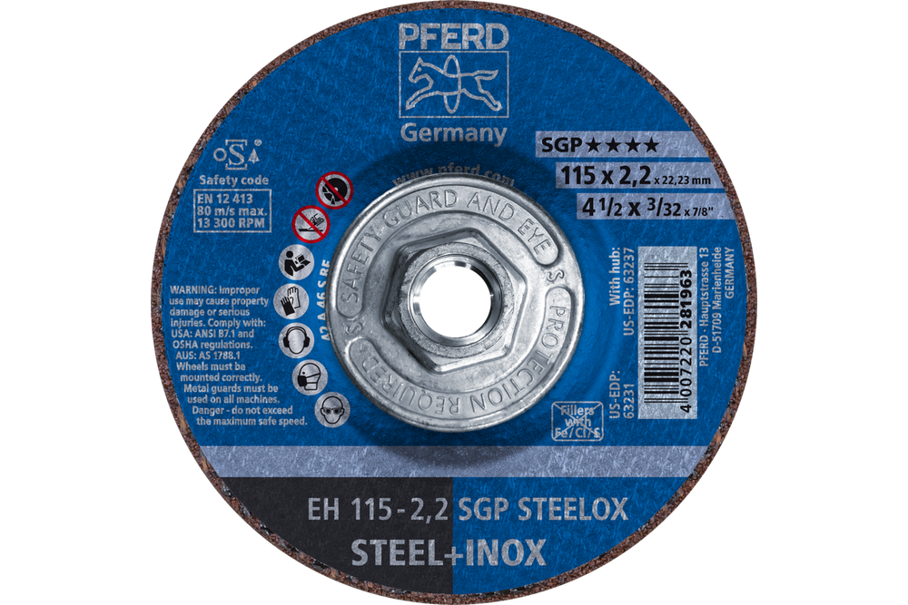 PFERD Cut-Off Wheel, 4-1/2" x 3/32 x 5/8-11, SGP STEELOX, T27, Aluminum oxide