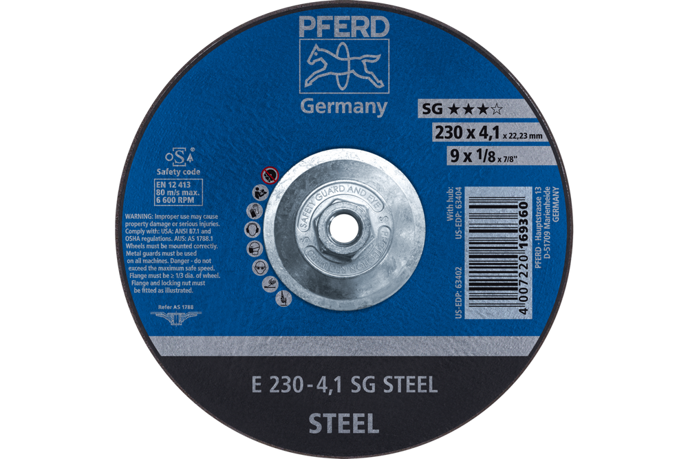 PFERD Grinding Wheel, 9" x 1/8 x 5/8-11, SG STEEL, T27, Aluminum oxide