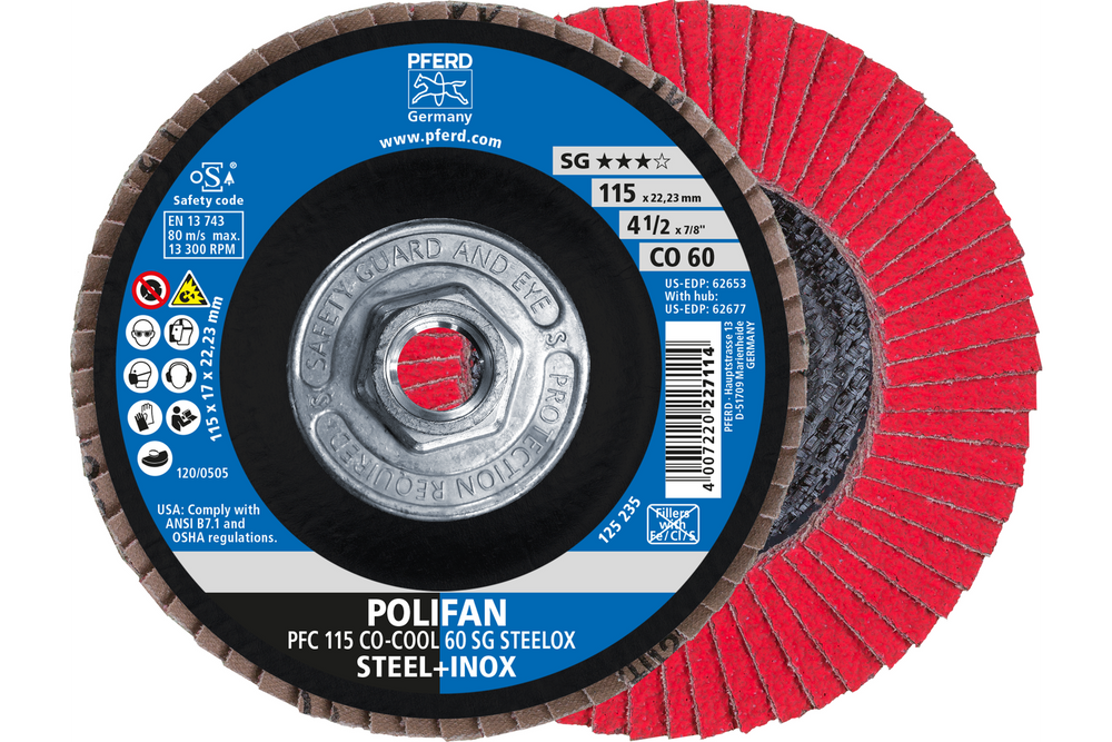 PFERD Flap Disc, 4-1/2" x 5/8-11, CO-COOL SG STEELOX,60 Grit,T29,Conical,Ceramic oxide