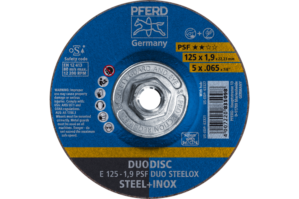 PFERD Combination Wheel, 5" x .065 x 5/8-11, PSF DUODISC STEELOX, T27, Aluminum oxide