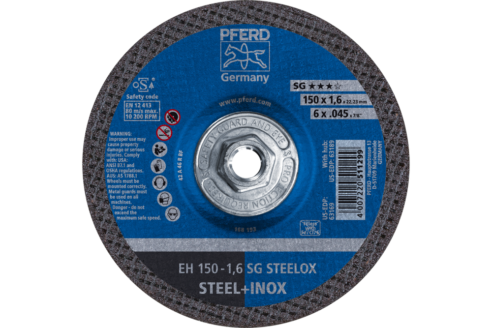 PFERD Cut-Off Wheel, 6" x .045 x 5/8-11, SG STEELOX, T27, Aluminum oxide