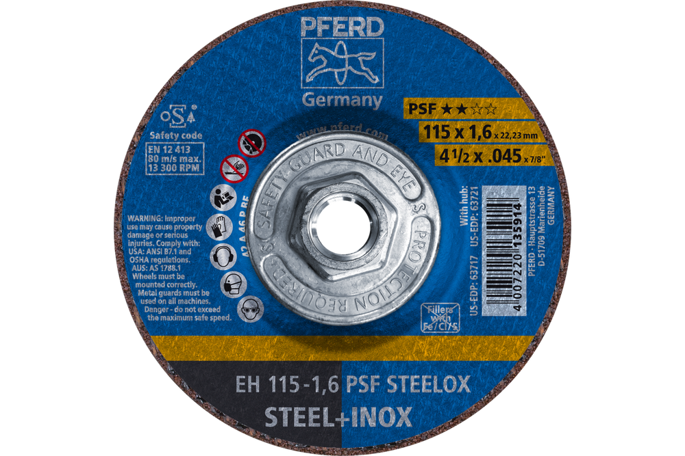 PFERD Cut-Off Wheel, 4-1/2" x .045 x 5/8-11, PSF STEELOX, T27, Aluminum oxide