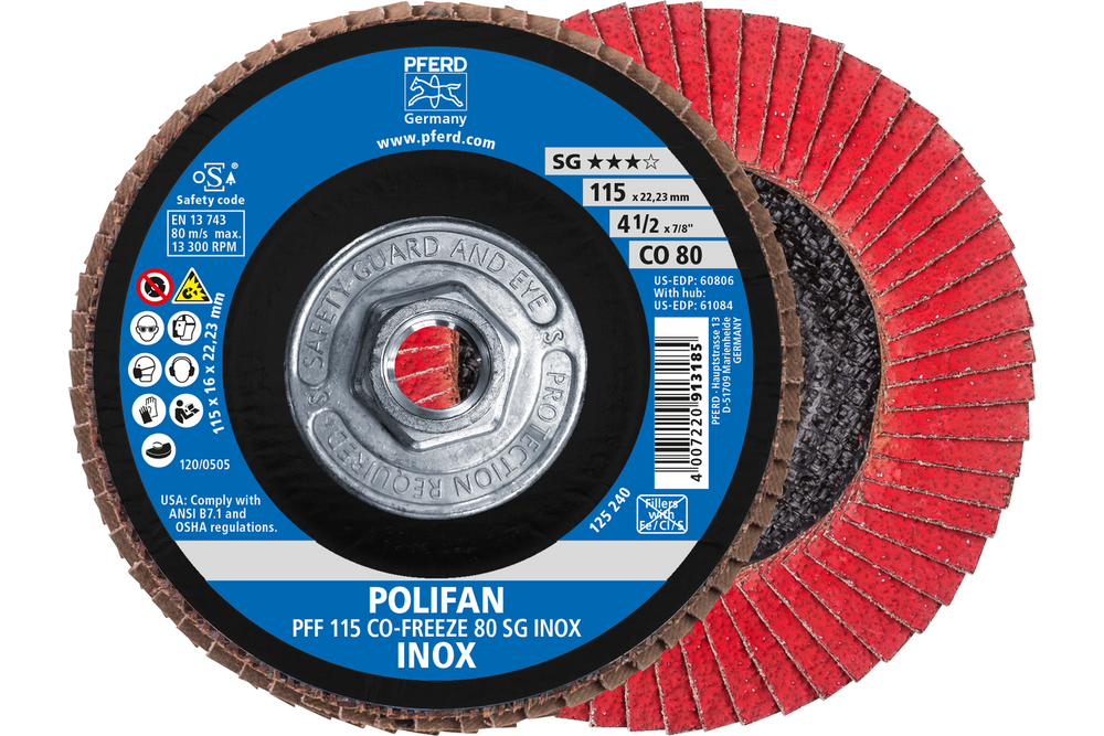 PFERD Flap Disc, 4-1/2" x 5/8-11, CO-FREEZE SG INOX, 80 Grit, T27, Flat, Ceramic