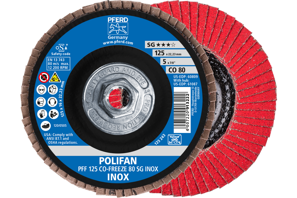 PFERD Flap Disc, 5" x 5/8-11, CO-FREEZE SG INOX, 80 Grit, T27, Flat, Ceramic