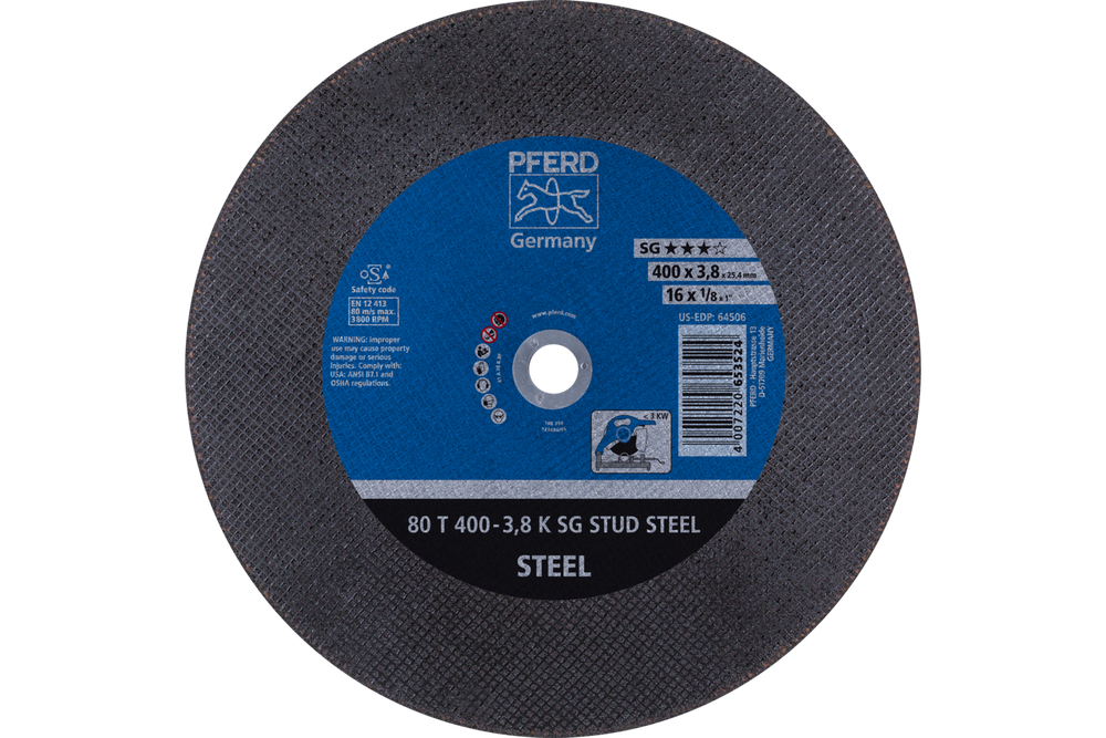 PFERD Portable Cut-Off Wheel, 16" x 1/8 x 1, SG STUD STEEL, T1, Aluminum oxide