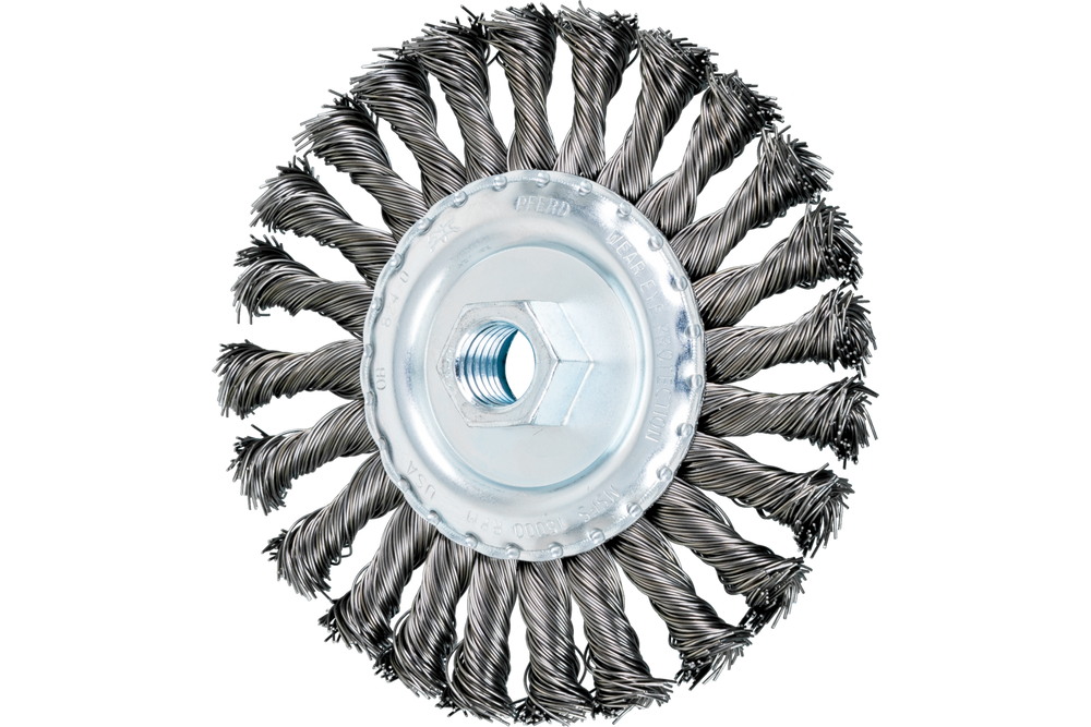 PFERD Standard Twist Knot Wire Wheel Brush 5" Dia. .020 Carbon Steel 5/8-11" Thread