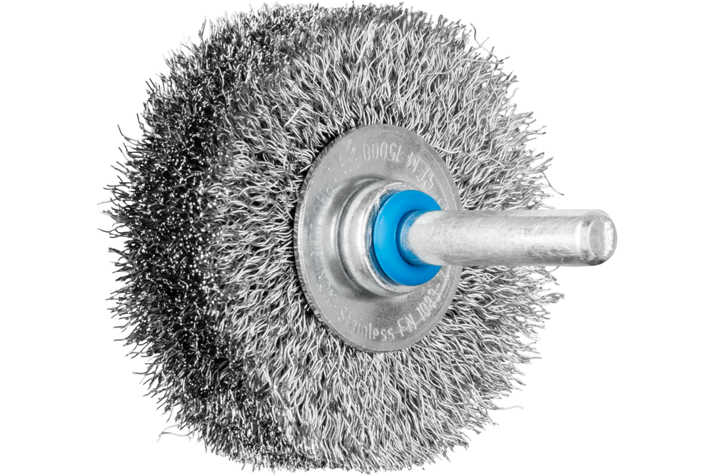 PFERD Crimped Mounted Wheel Brush 2" Dia. .008 Stainless Steel 1/4" Shank