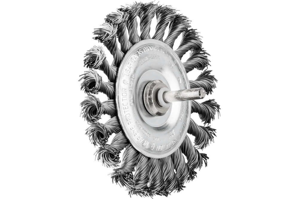 PFERD Mounted Knot Wheel Brush 4" Dia. .020 Carbon Steel 1/4" Shank