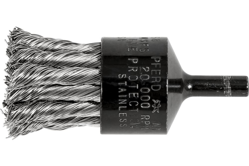 PFERD Knot Wire End Brush 1" Dia. Straight Cup .014 Stainless Steel 1/4" Shank
