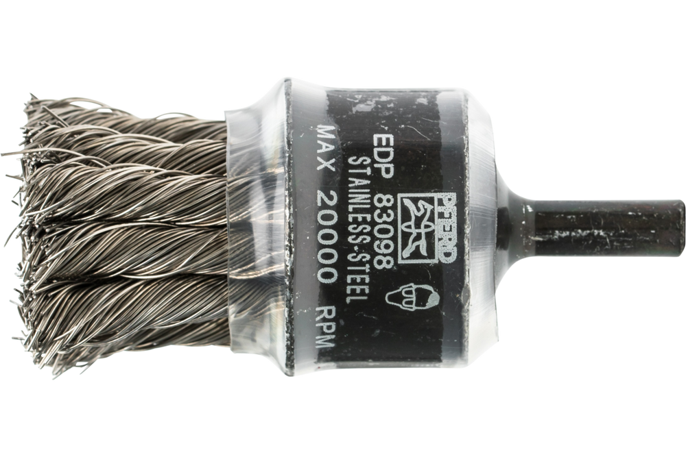 PFERD Knot Wire End Brush 1" Dia. Coated Flared Cup .014 Stainless Steel 1/4" Shank