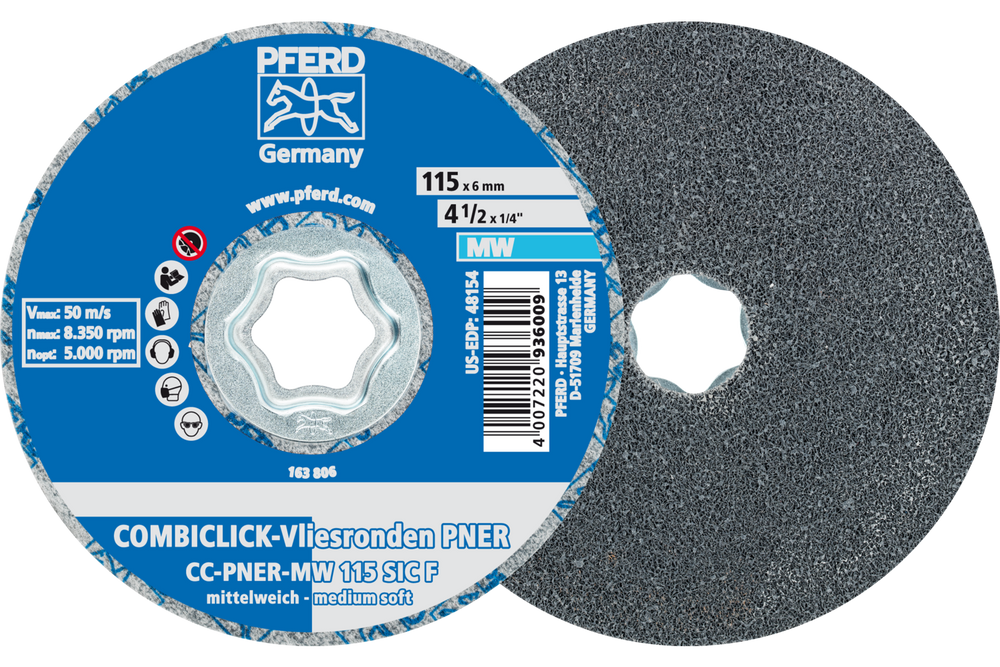PFERD COMBICLICK® Unitized Disc, 4-1/2" Dia, Fine, Medium-Soft, 3SF, Silicon carbide