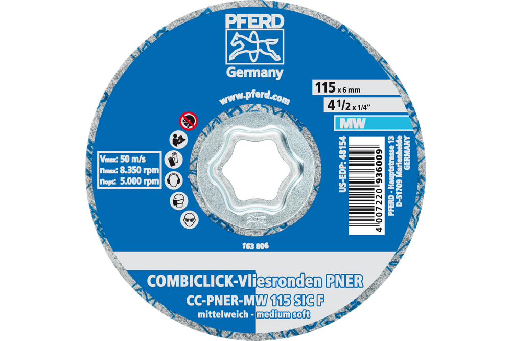 PFERD COMBICLICK® Unitized Disc, 4-1/2" Dia, Fine, Medium-Soft, 3SF, Silicon carbide