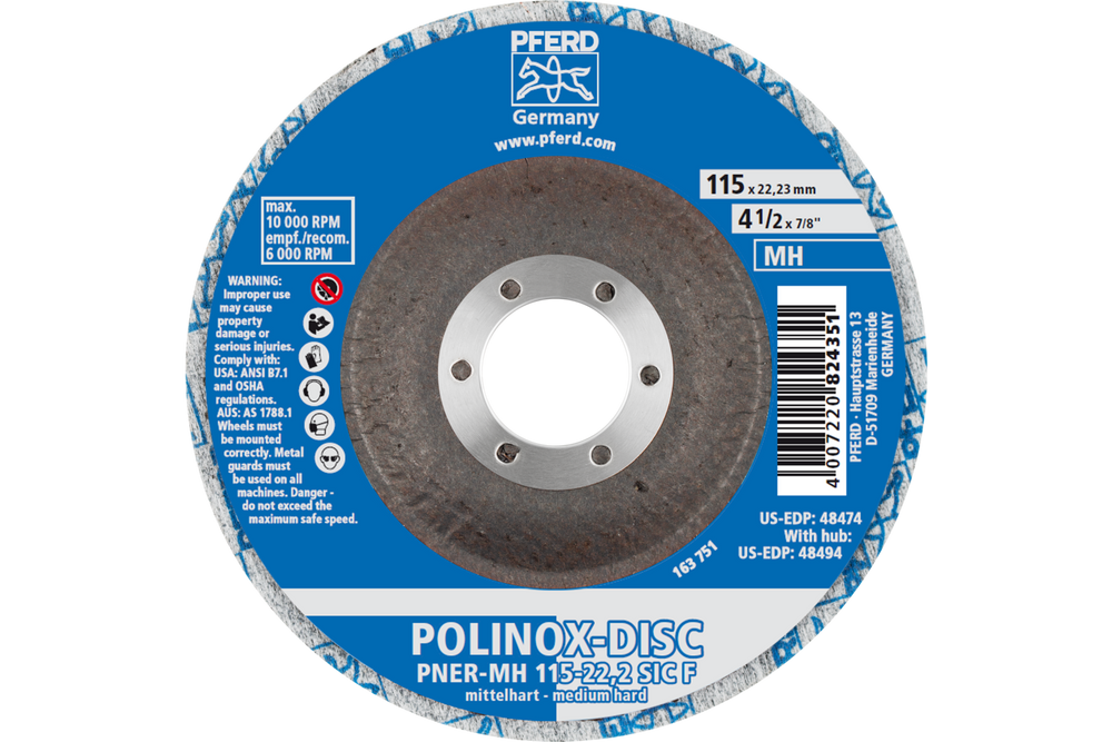 PFERD POLINOX® Unitized Disc, 4-1/2" x 1/2 x 7/8, T27, Fine, MH, 6SF, Silicon carbide