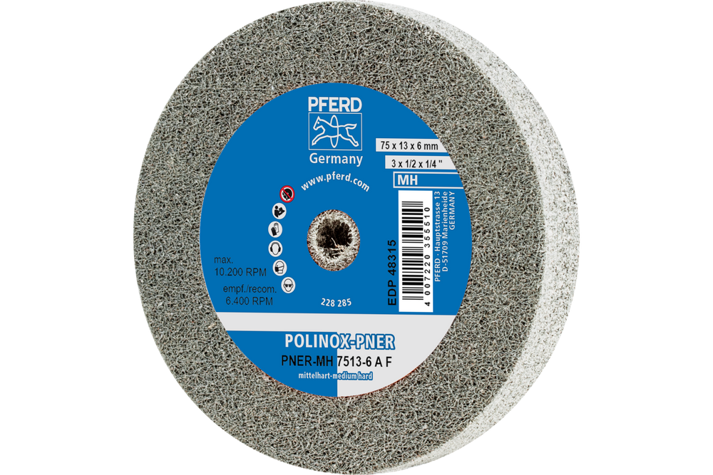 PFERD POLINOX® Unitized Wheel, 3" x 1/2 x 1/4, Fine, Medium-Hard, 6AF, Aluminum oxide
