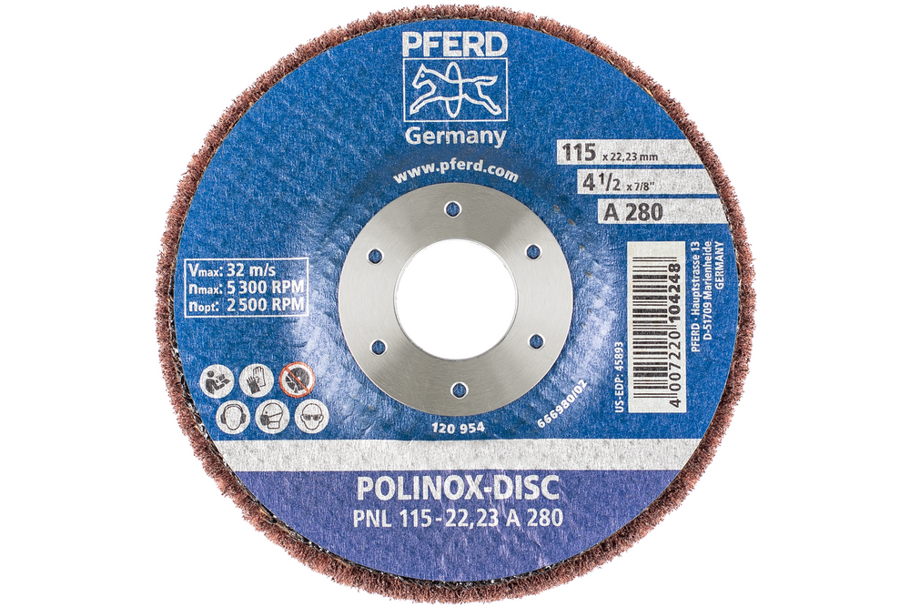 PFERD POLINOX® Fibre-backing disc, 4-1/2" 3/4 x 7/8, Radial, 280 Grit, Aluminum oxide