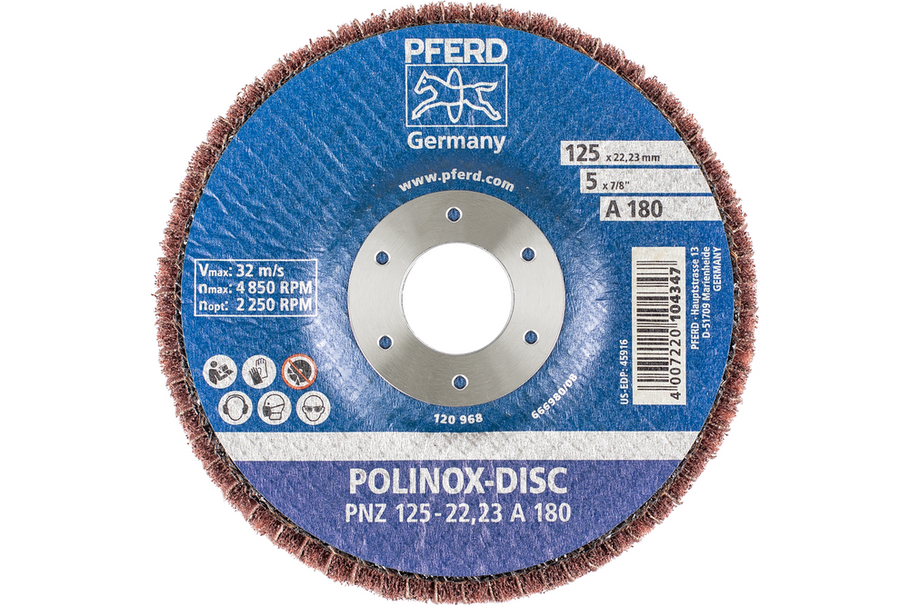 PFERD POLINOX® Fibre-backing disc, 5" x 3/4 x 7/8, Interleaved, 180 Grit, Aluminum oxide