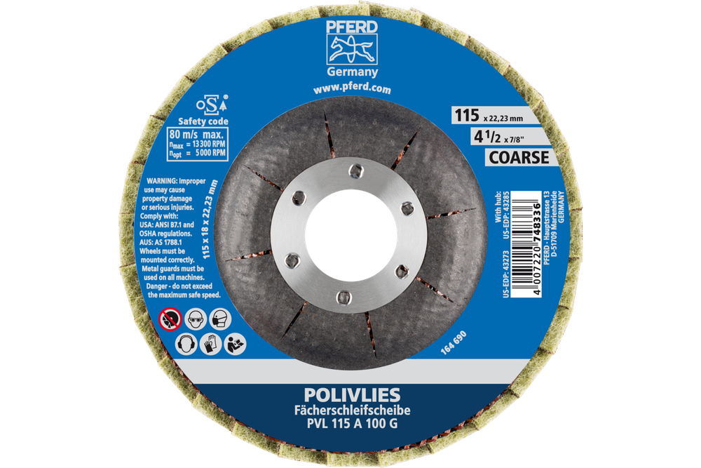 PFERD POLIVLIES® Non-Woven Flap Disc, 4-1/2" x 7/8, 100 Grit, Coarse, Aluminum oxide