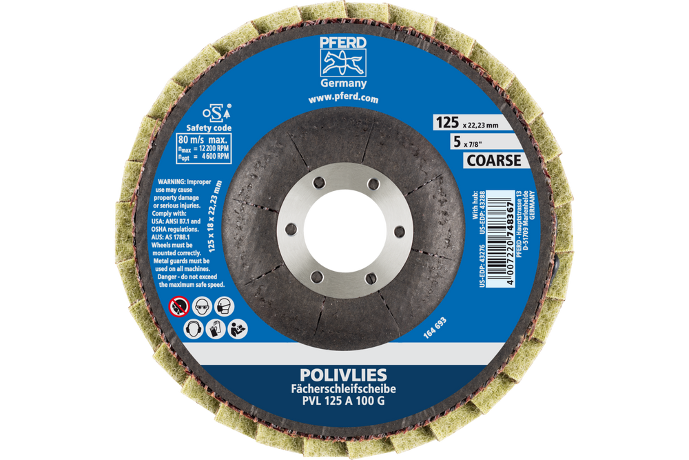 PFERD POLIVLIES® Non-Woven Flap Disc, 5" x 7/8, 100 Grit, Coarse, Aluminum oxide
