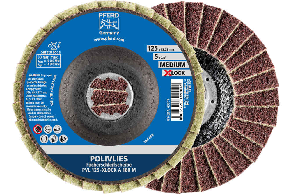 PFERD POLIVLIES® Non-Woven Flap Disc, 5" X-LOCK, 180 Grit, Medium, Aluminum oxide