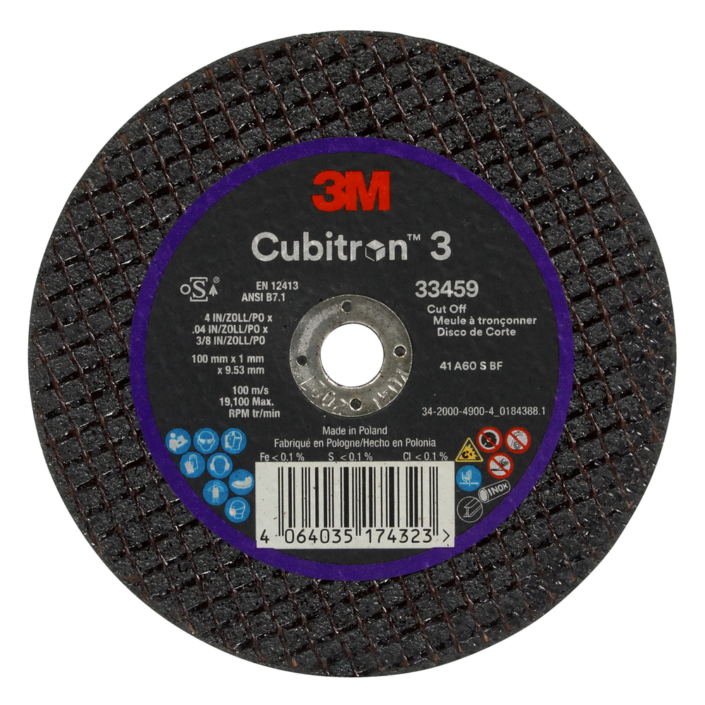 のだ 3M™ Cubitron™ 3 Cut-Off Wheel 33459, 100 mm x 1 mm x 9.53 mm (4 in