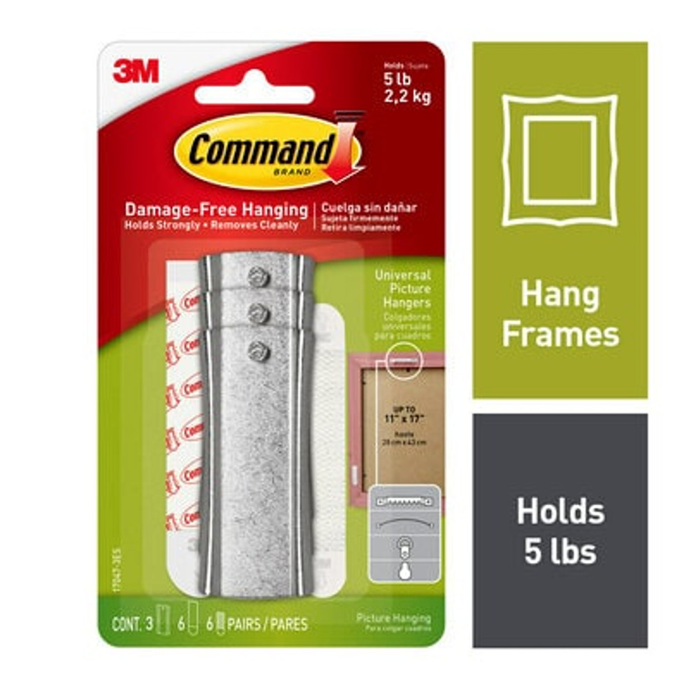 Command Universal Picture Hangers 17047-3ES, 3 hangers, 6 strips, 6 stabilizer pairs