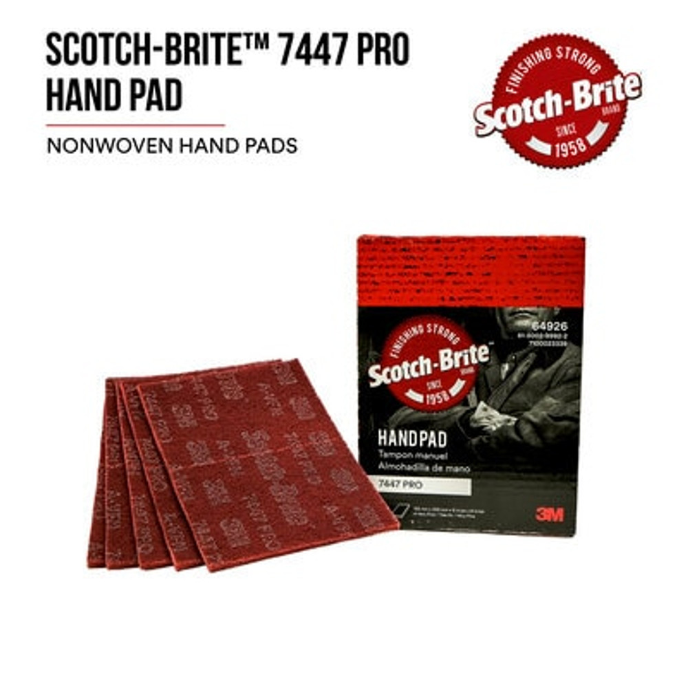 Scotch-Brite Hand Pad 7447B PRO, PO-HP, A/O Very Fine, Maroon, 6 in x 9 in, 60 ea/Case, Bulk 65069