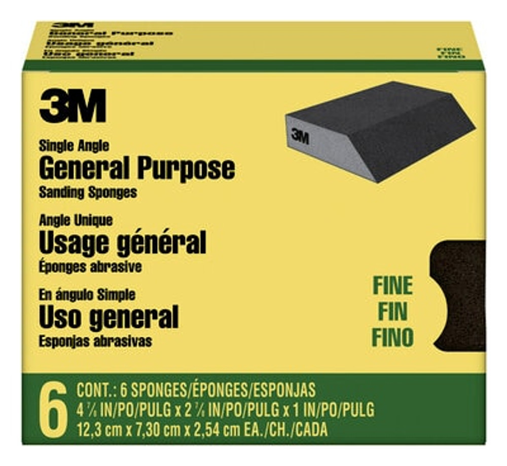 3M General Purpose Sanding Sponge CP040-6P, Single Angle, 2 7/8 in x 4 7/8 in x 1 in, Fine, 6/pk, 4 pks/cs