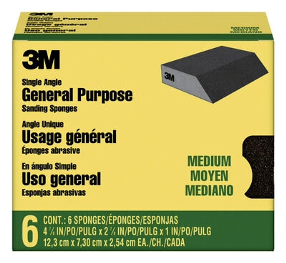3M General Purpose Sanding Sponge CP041-6P, Single Angle, 2 7/8 in x 4 7/8 in x 1 in, Medium, 6/pk, 4pks/cs