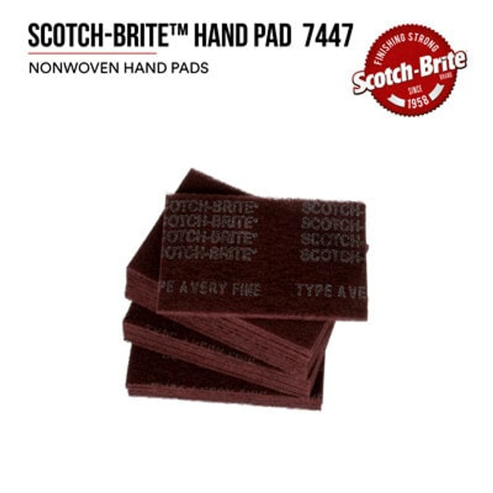 Scotch-Brite Hand Pad 7447, HP-HP, A/O Very Fine, 6 in x 9 in, 20/inner, 60 each/case 7447 Industrial 3M Products & Supplies | Maroon