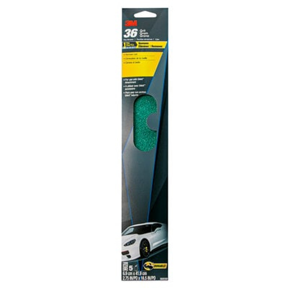 3M Green Corps File Sheets, 32232, 36 grit, 2-3/4 in x 16 1/2 in, 5 sheets per pack, 10 packs per case