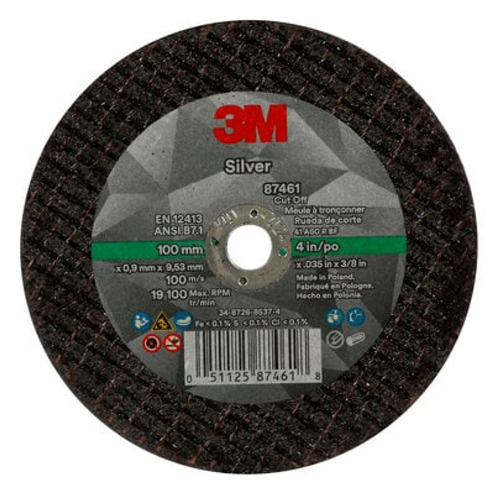 3M Silver Cut-Off Wheel, 87461, T1, 4 in x .035 in x 3/8 in, 50 ea/Case