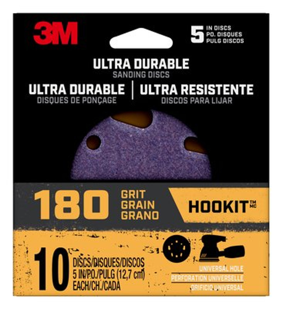 3M Ultra Durable 5" Power Sanding Discs, Universal Hole, 180 grit, Ds5in10pk180, 10/pk, 12/case