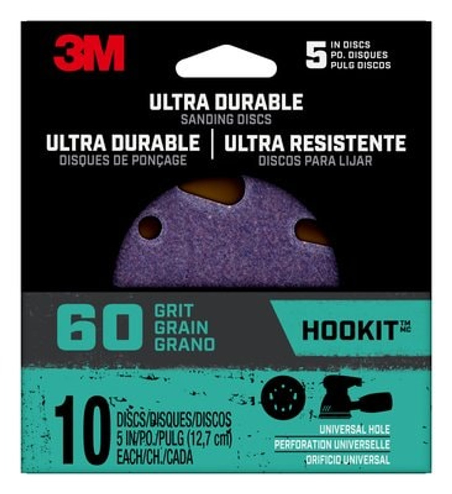 3M Ultra Durable 5" Power Sanding Discs, Universal Hole, 60 grit, Ds5in10pk60, 10/pk, 12/case